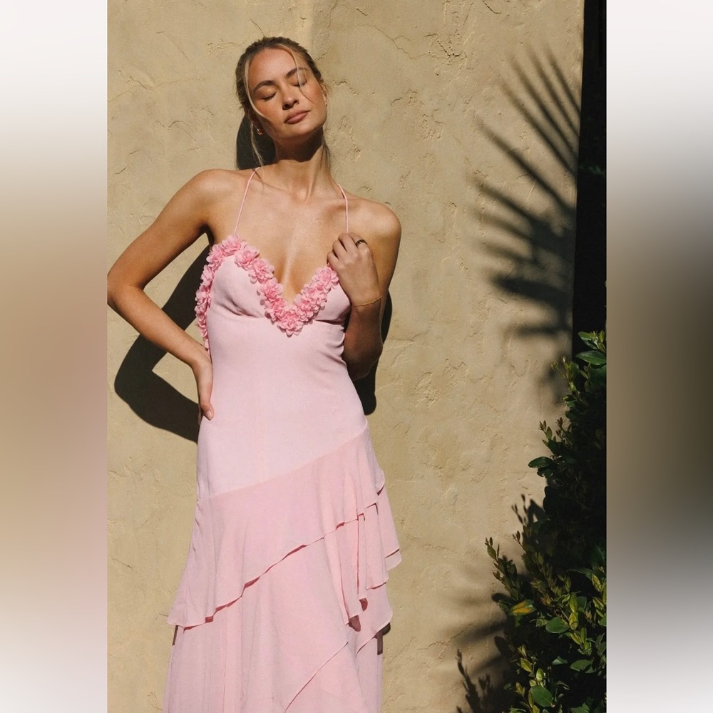 Pink Asymmetric Low Back Rose Petal Dress